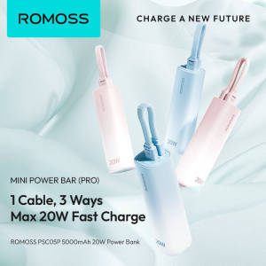 Romoss Pocket-Bar Powerbank 5000mAh powerbank 20W Fast Charging Cable PSC05P With Type-C & Lightning Input/Output