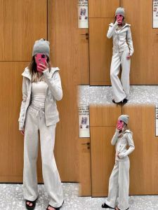 High Waist Drawstring Fleece Lined Loose Casual Straight Leg Pants Womens Premium Fashion Commute Style Wide Leg Trousers