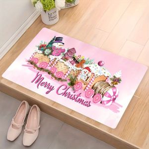 VIKAMA Cute Pink Christmas Theme Carpet Cartoon Snowman Holiday Atmosphere Entrance Door Mat Christmas Decoration