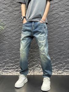 Retro Patchwork Denim Straight Leg Pants Mens Slim Fit Trendy Long Pants Embroidered Hole Design Casual Cotton Jeans