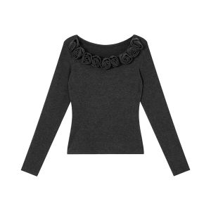 ALOHA LU | Áo Sweater Knit Dáng Suông Cổ Tròn Hoa Hồng Xụp Vai