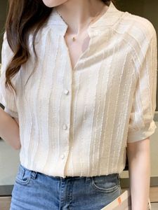 Elegant Chiffon Shirt Womens Loose Short Sleeve Stand Collar Stripe Slimming Top Korean Style Commute Pure Color Button Placket