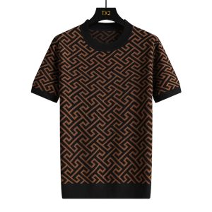 HENGYUANXIANG | เสื้อสเวตเตอร์คอปกกลมแขนสั้นทรงหลวมสำหรับผู้ชาย ลายทาง สไตล์ลำลอง ฤดูใบไม้ร่วง 2023 เส้นใยโพลีเอสเตอร์ เส้นใยอะคริลิก โพลีอะซิเตท