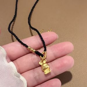 [READY STOCK]Rabbit Imitation Gold Sand Gold Pendant Hand Braided Black Rope Necklace小兔子仿黄金沙金首饰品本命年转运福字吊坠手工编黑绳项链女