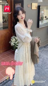 [𝗖𝗡1] Váy voan hoa nhí kiểu dáng Hàn Quốc  áo dài tay dịu dàng khí chất thần thái eo cao cổ chữ V - VVH001