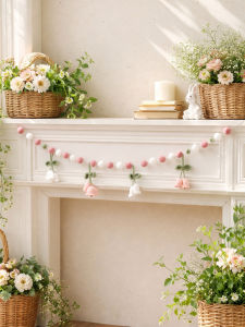 Boho Crochet Lily of the Valley Pom Garland Pink White Felt Ball Floral Banner Cute Wall Hanging for Nursery Bedroom & Party