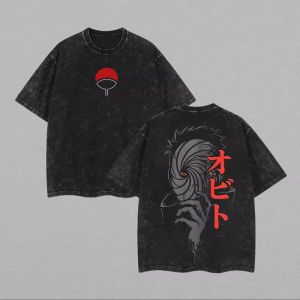 Bandai | Obito T Shirt Naruto Men Acid Wash Back Print Tobi Mask Anime Graphic Cotton Streetwear Akatsuki Sharingan Vintage Bootleg Top