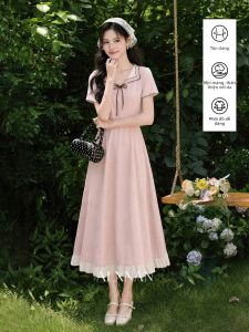Đầm Mới Mùa Hè Màu Hồng Dài Nơ Ép Eo