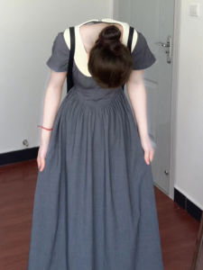 HUAYILING | French Grey Doll Collar Short Sleeve Womens Summer Dress Elegant Waist Cinching Long A-Line Skirt High Waist Sweet Style