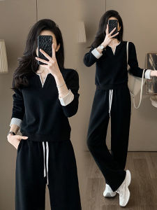 Shalldoer | Autumn 2025 Womens Lazy Casual Sportswear Set V-neck Color Block Sweatshirt Wide Leg Pants Two-piece Ensemble Long Sleeve