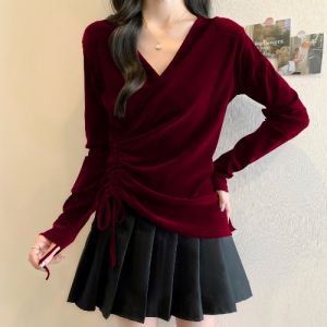 Plus Size Womens Fall and Winter New Arrival Ankela Red V-neck Long Sleeves T-Shirt Plus Size Ladies Inner Bottoming Shirt Fancy Velvet Tops