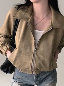 เสื้อแจ็คเก็ตสั้นสไตล์ย้อนยุคสไตล์เกาหลีสำหรับผู้หญิงในฤดูใบไม้ร่วงและฤดูหนาว ทรงหลวม ปกพับ ซิป แขนยาว เสื้อคลุมกันหนาว