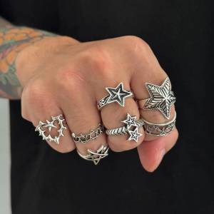 Ingemark | Ingemark 7Pcs/Set Gothic Five-Pointed Star Adjustable Open Rings For Men Trendy Punk Love Heart Finger Ring Daily Party Jewelry