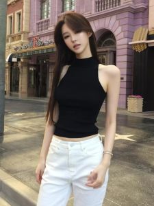 Black Knitted Halter Vest Womens Summer Short Sleeveless Top High Collar Slim Fit Inner Wear American Hot Girl Style