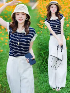 YOUFAN | Lace Peter Pan Collar Striped Loose Summer Fashion T-Shirt