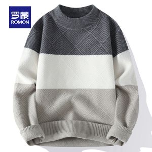 ROMON | Lomond Mens Round Neck Knitted Sweater Thickened Warm Casual Loose Base Layer Winter Fashionable Long Sleeve T-Shirt