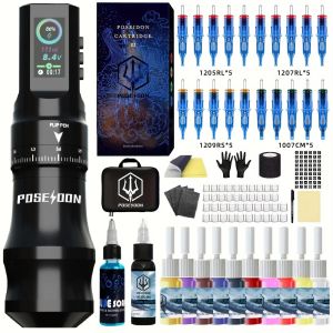 Tattoo Kit POSEIDON คุณภาพสูง Tattoo Gun Kit สําหรับแต่งหน้าถาวรสักเครื่อง Hot New Tattoo Power Supply Tattoo ปากกาชุด