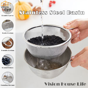 350-700มล. ชามผสมสแตนเลส 304 พร้อมกระชอน 2 ชั้น Keranjang Tirisan สำหรับครัวเรือนครัวผักซักผ้า Sierra