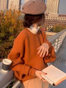 Korean Chic Loose Warm Pumpkin Color Thickened Knitted Sweater Womens Autumn Winter Outerwear Overhead Woolen Sweater
