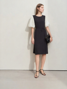 AMII | Summer New Round Neck Color Blocked Flare Sleeve Waist Tie Dress