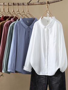 Soft Cotton Long Sleeve Shirt Womens Artistic Pointed Collar Double Layer Comfortable Skin-friendly Baby Cotton Base Top