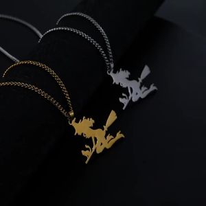 Witch Cat Flying Magic Broom Pendant Necklace for Women Men Stainless Steel Wicca Necklaces Halloween Jewelry Accessories Gifts