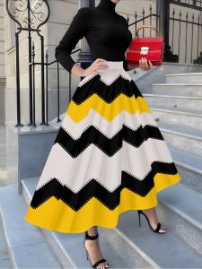 Printed Design suitable for all four seasons Black White Yellow Zigzag Pattern vacation style elegant style Womens Skirt