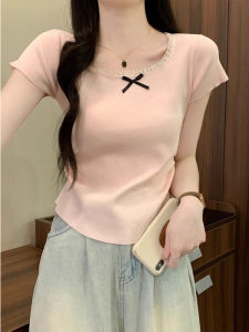 Yellow Short Sleeve Womens Top Slimming Waist Design Summer Fashionable Unique Beautiful T-Shirt Polyester Material round Neck