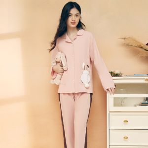 Bộ đồ ngủ cotton nữ LUNILAI dài tay thoải mái cổ chữ V - mùa thu