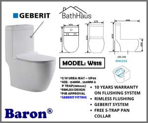 BARON W818 RIMLESS TOILET BOWL WITH GEBERIT SYSTEM