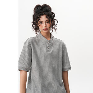 BWKA | Textured Stripe Boxy Henry Neck Short Sleeve Loose T-shirt