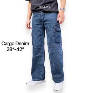 TPPJEANS STRAIGHT CARGO DENIM กางเกงยีนส์คาร์โก้ ทรงกระบอก กระเป๋าข้าง สีฟอกยีนส์เข้ม เป้าซิป ทรงสวย มีไซส์ใหญ่ Size 28-42 รับชำระปลายทาง