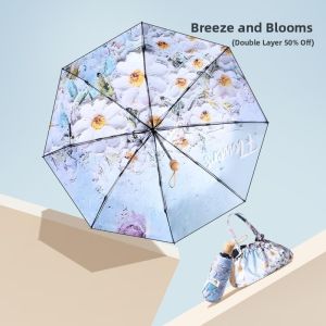 MONLEYTA | Double Flower Folding Sun Umbrella Womens Hand Drawn Illustration Compact Portable Five Fold Sunny Rain Two Use Foldable Sunscreen Umbrella