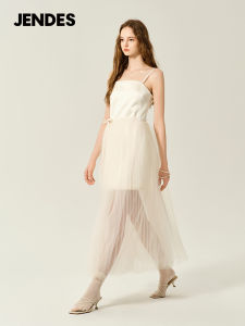 JENDES Summer Luxury Fashion Womens Strap Dress Tulle Skirt Elegant Sweet Girl Mid-Length Dress Girl Style High Waist Polyester Fiber Long Sleeve Slim Fit