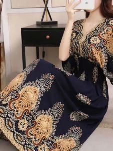 Ethnic Style V-neck Printed Long Skirt Floral Print Maxi Dress Womens Fashion Traditional Patterned Gown