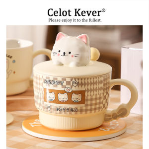 Cute Cat Design Ceramic Mug with Lid Set