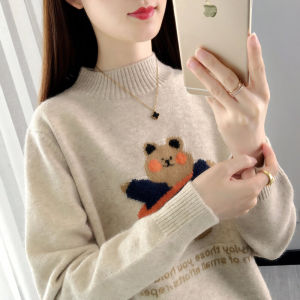 เสื้อสเวตเตอร์ถักคอปกสูงครึ่งตัวสำหรับผู้หญิงในฤดูใบไม้ร่วงและฤดูหนาว 2025 ใหม่ล่าสุดสำหรับผู้หญิง เสื้อชั้นในลายหมีสุดเก๋ หนา