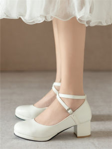 รองเท้าส้นเตี้ย Mary Janes สีขาวสุดหรูหรา ทรงหัวมน สำหรับผู้หญิง รองเท้าส้นเตี้ยแบบสวมสบาย ทรงหัวมน รองเท้าส้นแบน