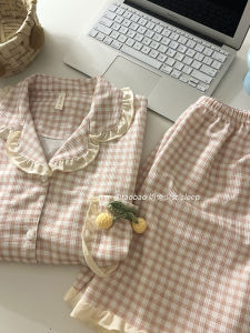 Sweet Pink Tulip Cotton Pajamas Womens Summer Style Home Clothes Short Sleeve Button up Cardigan Sweet Floral Lace Trim