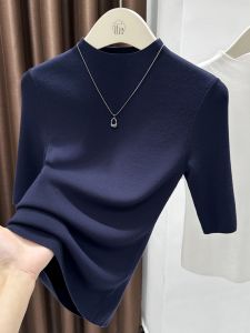 Loowmane | Navy Mid-sleeve Fitted Stand-up Collar Knit Top
