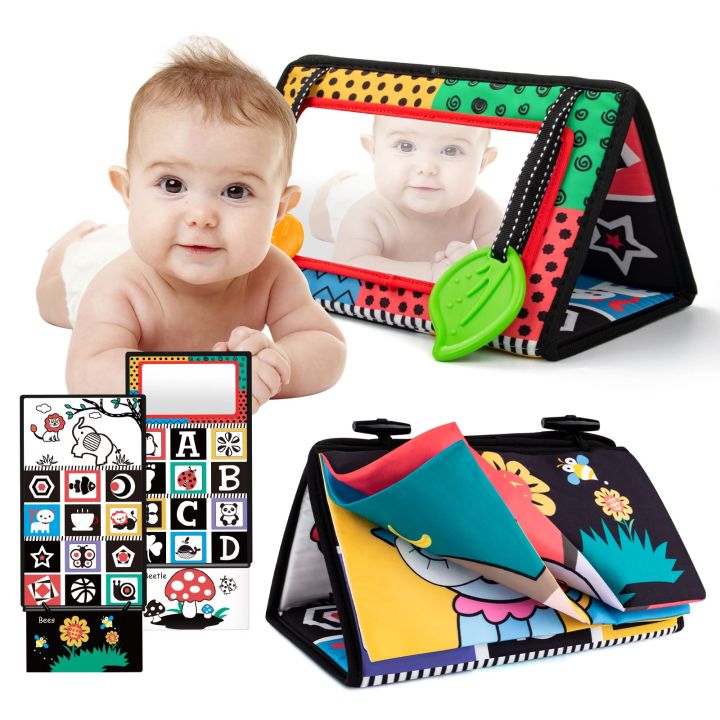 Tummy Time Floor Mirror Baby Toys with Teethgel Cloth Book