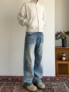 Cleanfit Vintage American High Street Loose Straight Leg Jeans Ice Blue Men Women Casual Comfortable Cotton Blend Denim