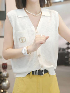 Shalldoer | French Polo Neck Pocket Embroidery Sleeveless Knitted Open Cardigan Womens Summer Thin Loose Casual Vest Top Casual Knitwear