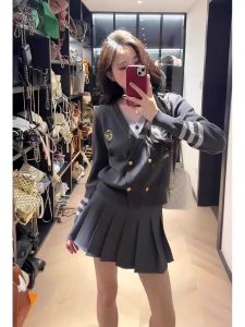 Korean Style College Preppy Double Breasted Knitted Open Cardigan Womens Spring Autumn V Neck Versatile Anti Aging Jacket Top