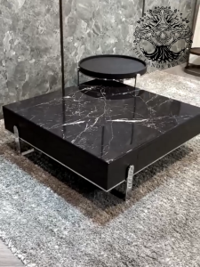 Bàn trà sofa bàn phòng khách bàn đôi cafe nhập khẩu hộp đen đá vuông chân U inox 1m + bàn gỗ phụ
