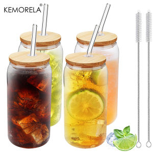 1/2/4PCS Can Shaped 17oz Glass Cups with Bamboo Lid And Straws Iced Coffee Beer Drinking Glasses Ideal for Bubble Tea Juice