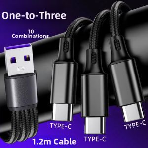 Triple Connector Super Fast Charging Data Cable 3-in-1 Charge Adapter for Multiple Devices Two Type-C Ports