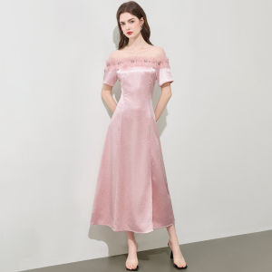 Mo | Elegant Hollow Out Acetate Dress Womens Slim Fit French Style Heavy Embroidery Flower Slit A-Line Skirt Summer New Arrival