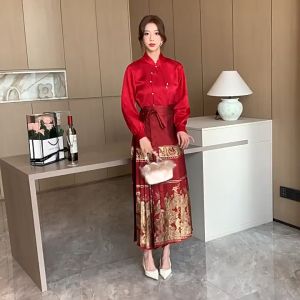 daidai (Ready Stock) Mamianqun Hanfu Cheongsam Chinese Traditional Long Dress Blouse Horse Face 新中式改良汉服红色马面裙旗袍新娘敬酒服订婚礼礼服