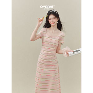 OUYANGXI | Đầm A-Line Knit Tay Ngắn Sọc